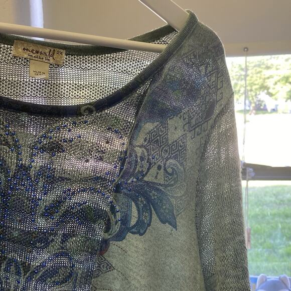 One World Womens Top 2X Green Shark Bite Tunic 3/4 Sleeve Round Neck Rhinestone - Picture 4 of 9